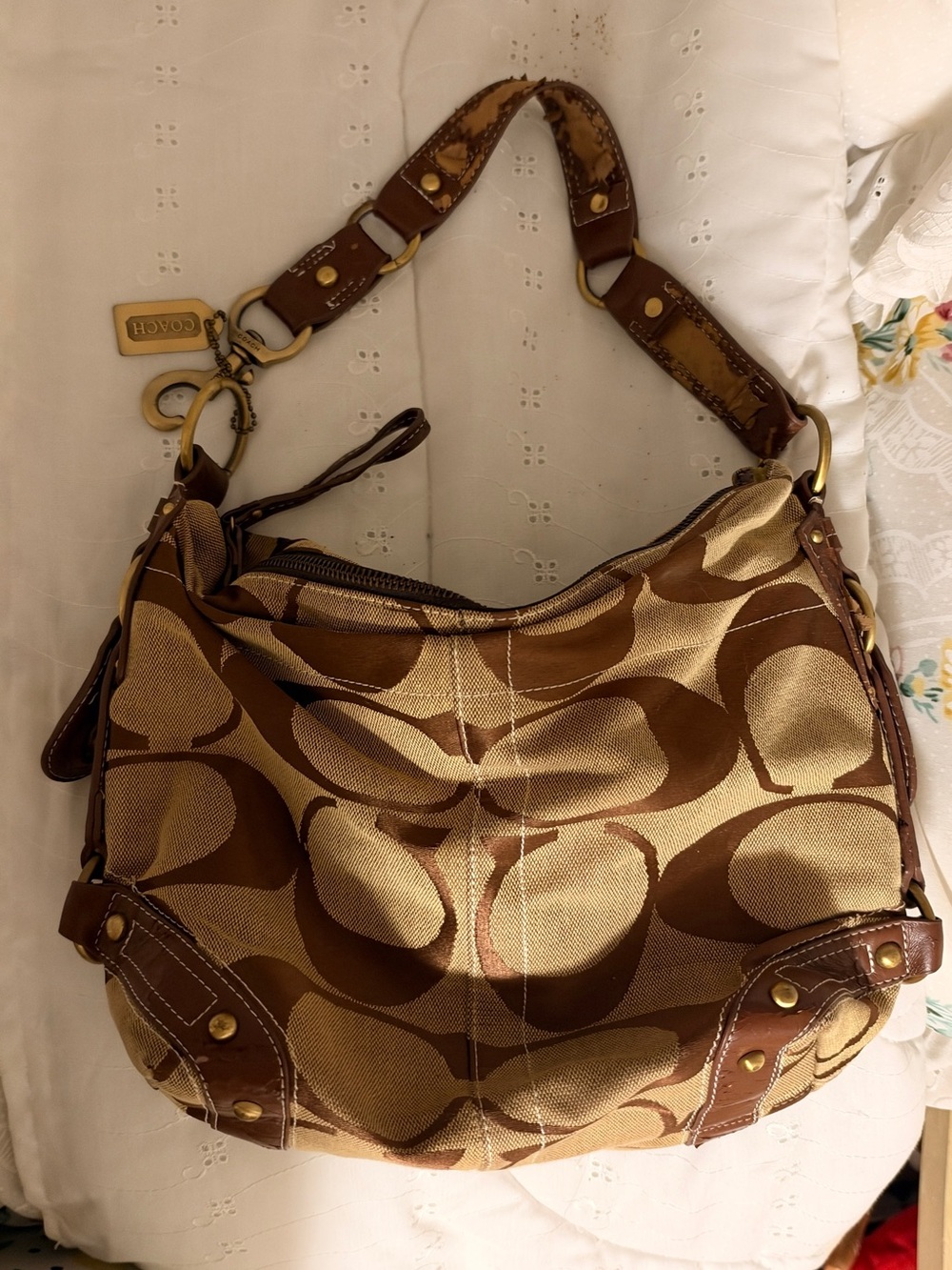 Coach Tan and Brown Signature Canvas Hobo Shoulder Bag